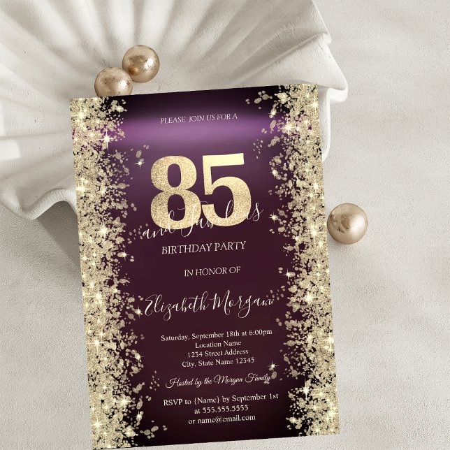 Guld Glitter Diamanter Burgunder 85-årsdag Inbjudningar (Skapare uppladdad)