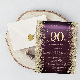 Guld Glitter Diamanter Burgunder 90-årsdag Inbjudningar