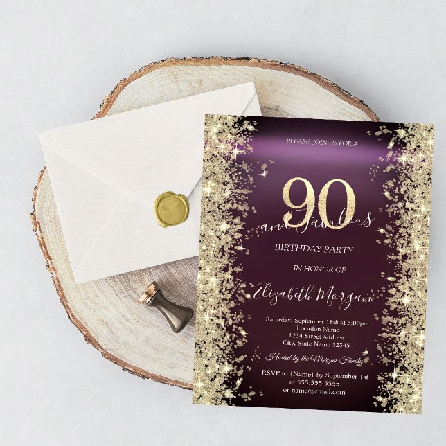 Guld Glitter Diamanter Burgunder 90-årsdag Inbjudningar (Skapare uppladdad)