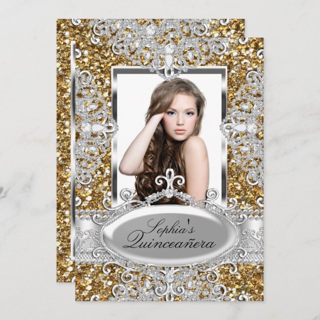 Guld Glitter Diamond Glamor Quinceanera Inbjudan (Fram/baksida)