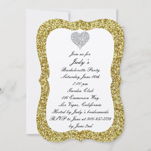 Guld Glitter Diamond Heart Bachelorette Party Inbjudningar (Framsida)