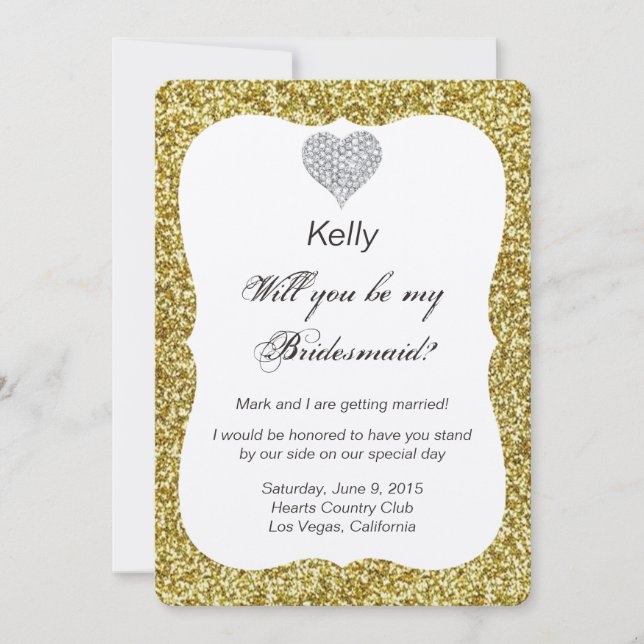 Guld Glitter Diamond Heart Bridesmaid Card Inbjudningar (Framsida)