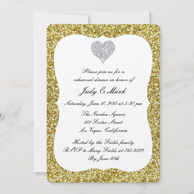 Guld Glitter Diamond Heart Rehearsal Dinner Inbjud Inbjudningar (Framsida)