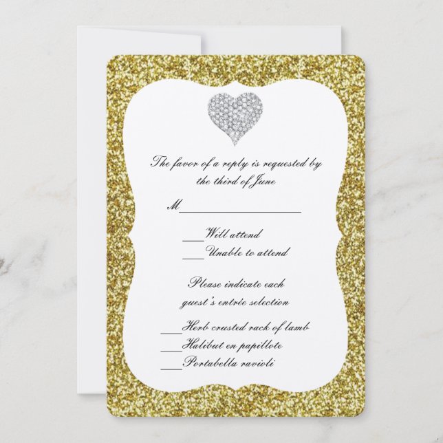 Guld Glitter Diamond Heart Responskort Card Inbjudningar (Framsida)