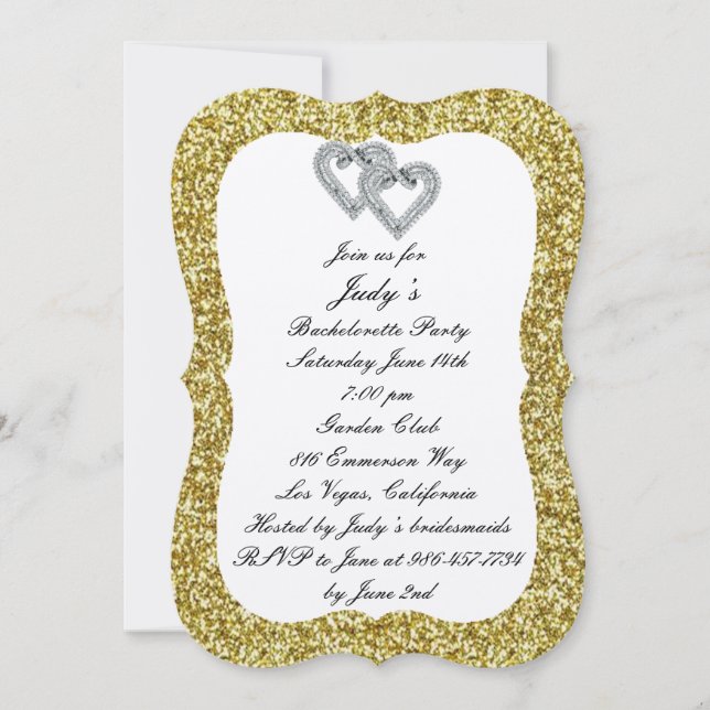 Guld Glitter Diamond Hearts Bachelorette Party Inbjudningar (Framsida)