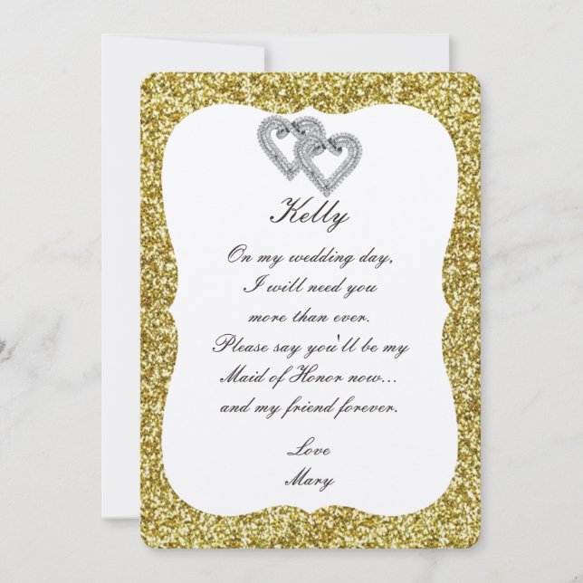Guld Glitter Diamond Hearts-kortet Maid of honor Inbjudningar (Framsida)