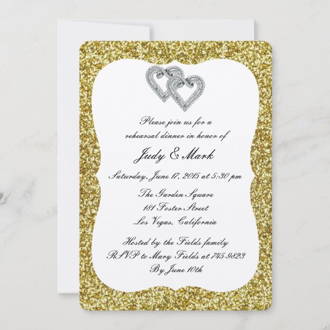 Guld Glitter Diamond Hearts Rehearsal Dinner Inbjudningar (Framsida)