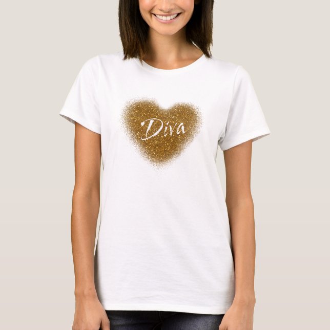 Guld Glitter DIVA Hjärt Glamour Linne Top T-shirt (Framsida)