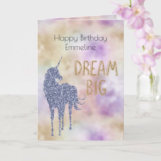 Guld Glitter Dream Big Unicorn Personlig Kort (Orkide)