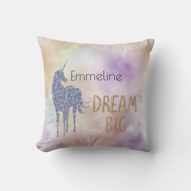 Guld Glitter Dream Big Unicorn Personlig Namn Kudde (Framsida)
