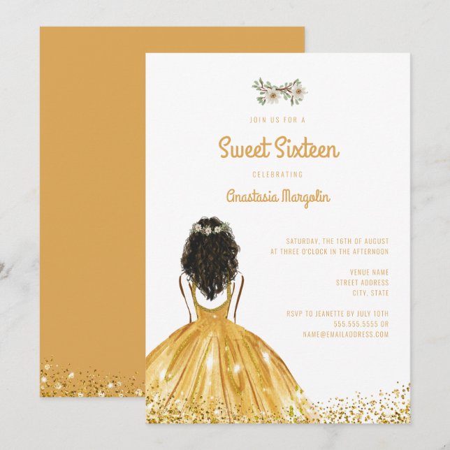 Guld Glitter Dress Blommigt Sweet 16 16:e födelsed Inbjudningar (Fram/baksida)