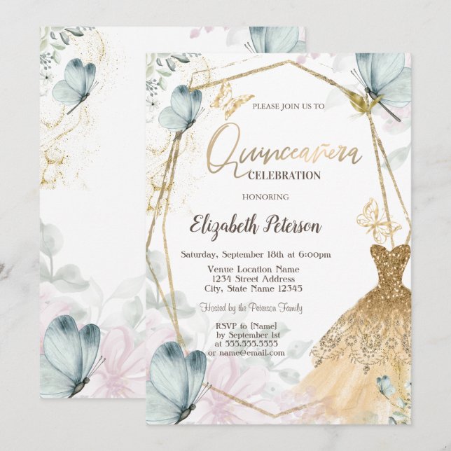 Guld Glitter Dress Blue Butterflies Guld Ram Inbjudningar (Fram/baksida)