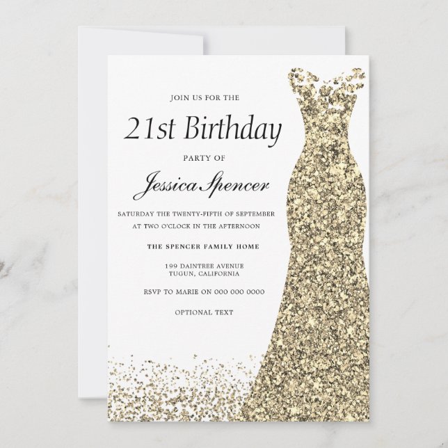 Guld Glitter Dress Womans 21:a födelsedag Party Inbjudningar (Framsida)