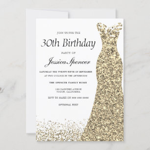 Guld Glitter Dress Womans 30års födelsedag Party Inbjudningar
