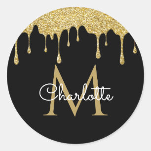 Guld Glitter Drip Monogram Elegant Flickaktig Skri Runt Klistermärke
