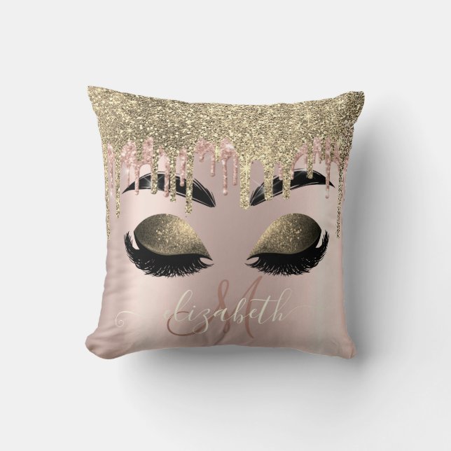 Guld Glitter Drip Monogram Falska Ögonfransar Kudde (Framsida)