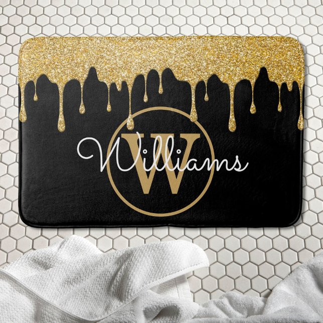 Guld Glitter Drip Monogram Stilfull Skrift Svart Badrumsmatta (Skapare uppladdad)