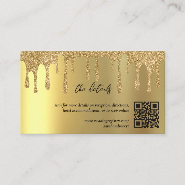 Guld Glitter Drip QR-kod Bröllopsdetaljer Tilläggskort (Framsida)