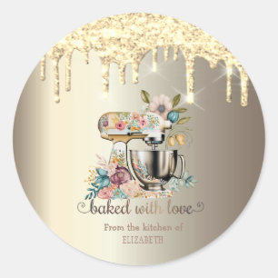 Guld Glitter Drippar Mixer Blommor Bageri Runt Klistermärke