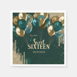 Guld Glitter Drips Ballonger Grönt Sweet 16 Pappersservett