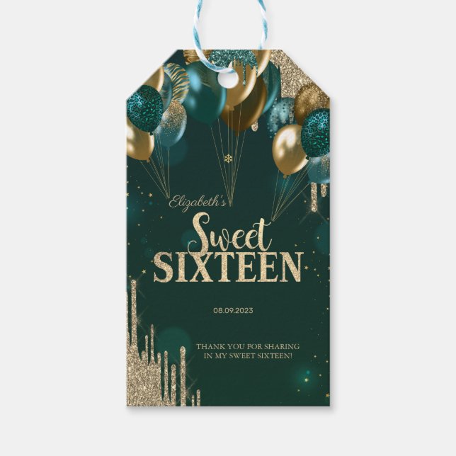 Guld Glitter Drips Ballonger Grönt Sweet 16 Presentetikett (Framsidan)