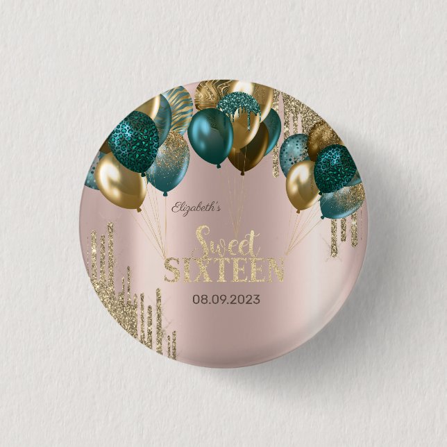 Guld Glitter Drips Ballonger Rose Guld Sweet 16 Knapp (Framsida)