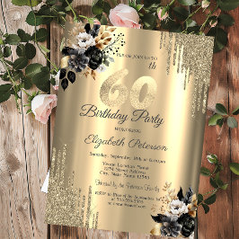 Guld Glitter Drips Black Ro 60:e födelsedagen Inbjudningar