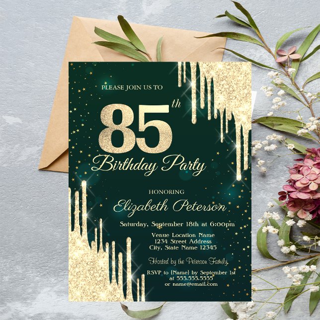 Guld Glitter Drips Grönt 85:e födelsedagen Inbjudningar (Skapare uppladdad)