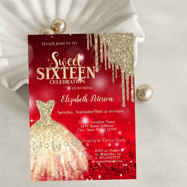 Guld Glitter Drips, Klänning Röd Bokeh Sweet 16 Inbjudningar (Skapare uppladdad)