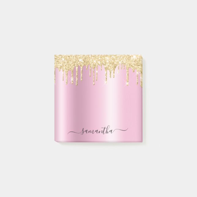 Guld Glitter Drips Rosa Shimmer Glam Namn Post-it Block (Framsida)