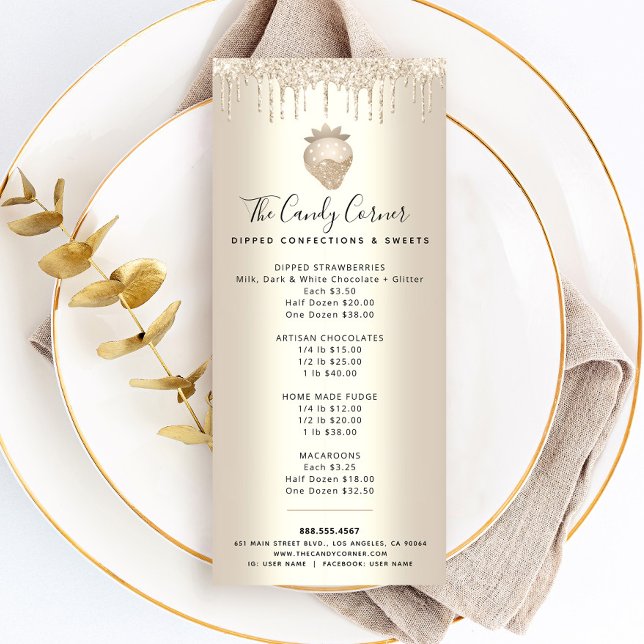 Guld Glitter Driver jordgubbsdesertsötsaker Menu Reklamkort (Skapare uppladdad)