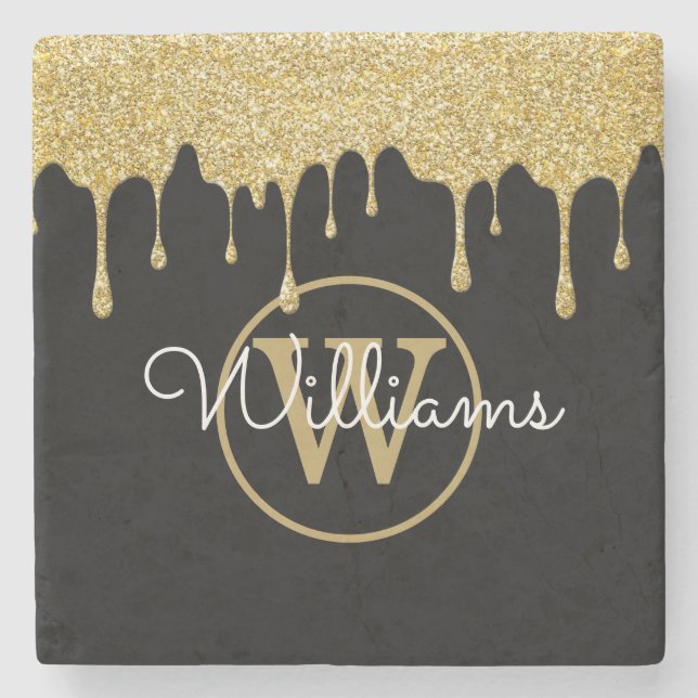 Guld Glitter driver Monogram Script Namn Black Stenunderlägg (Framsidan)