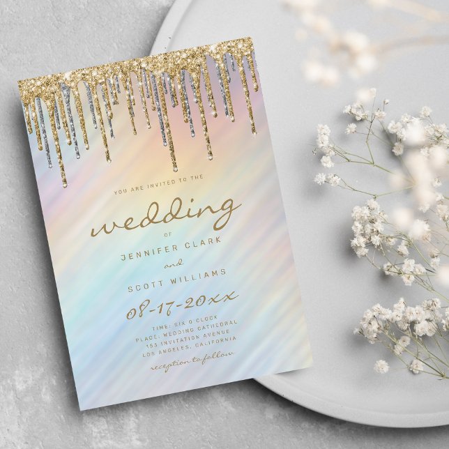 Guld Glitter Driver regnbåge Holograf Bröllop Inbjudningar (Gold Glitter Drips Rainbow Holographic Wedding Invitation )