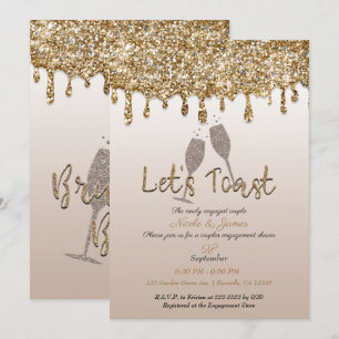 Guld Glitter Dropp Glamour Brunch Förlovningsfest Inbjudningar