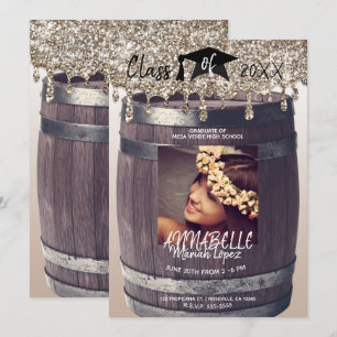 Guld Glitter Dropp Modern Rustik Examen Foto Inbjudningar