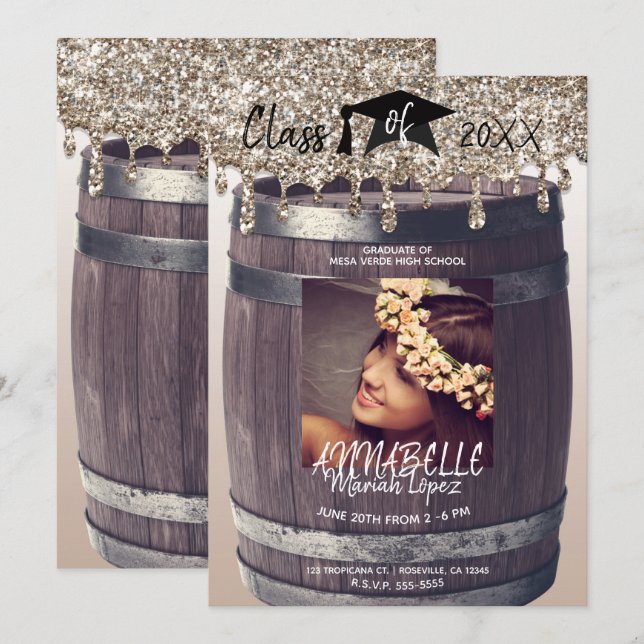 Guld Glitter Dropp Modern Rustik Examen Foto Inbjudningar (Fram/baksida)