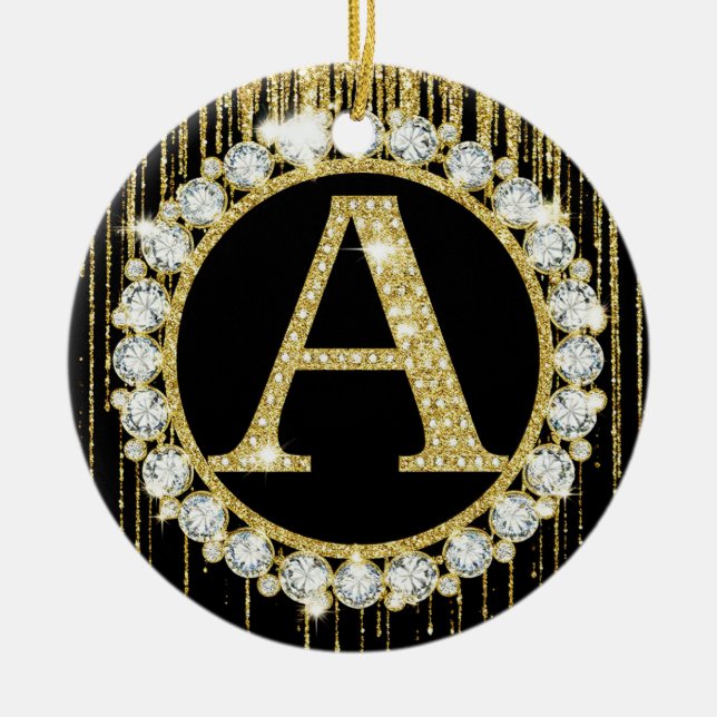 Guld Glitter Dropp Monogram En Personlig Initial Julgransprydnad Keramik (Framsidan)