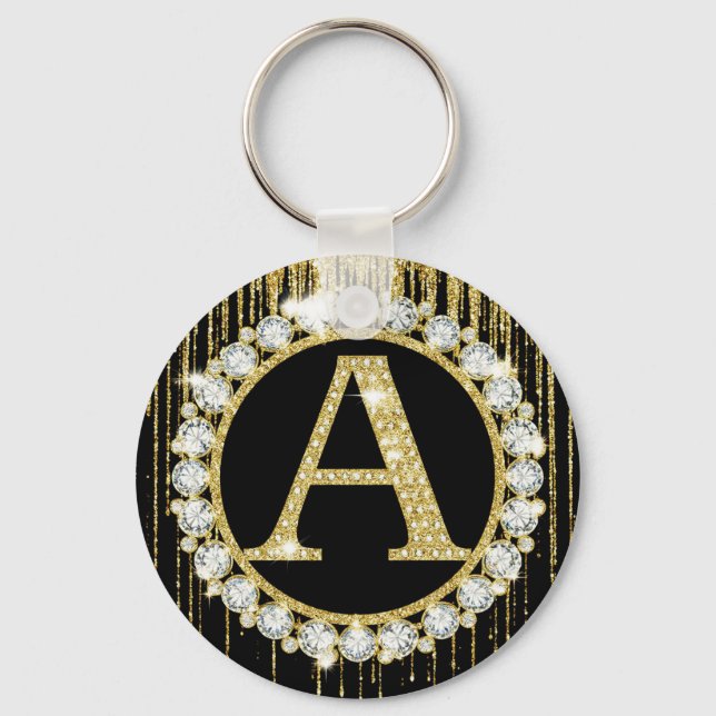 Guld Glitter Dropp Monogram En Personlig Initial Nyckelring (Framsida)