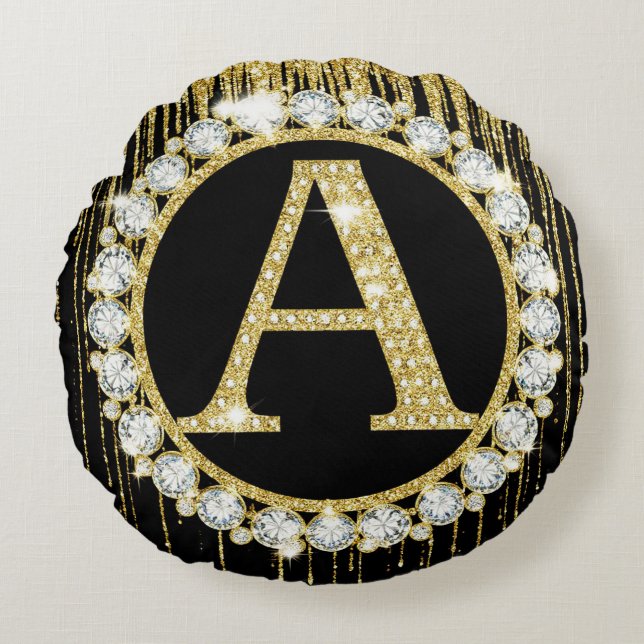 Guld Glitter Dropp Monogram En Personlig Initial Rund Kudde (Framsidan)