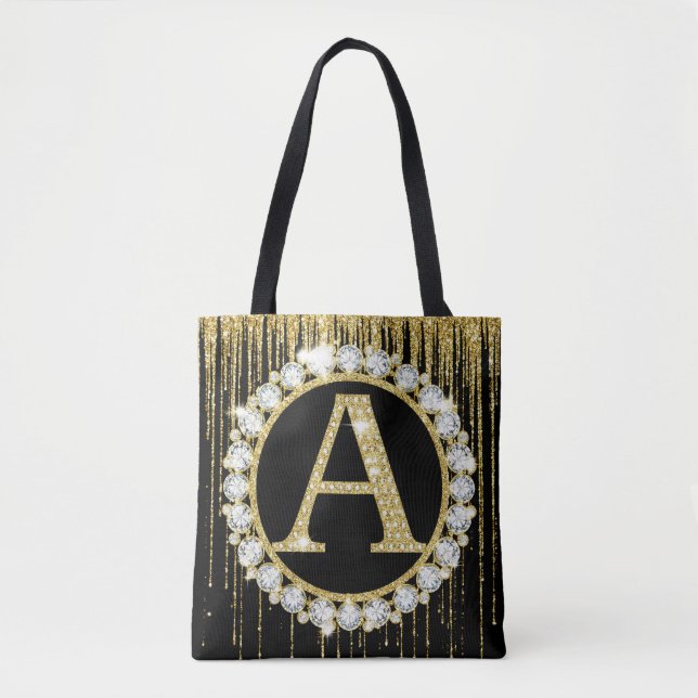 Guld Glitter Dropp Monogram En Personlig Initial Tygkasse (Framsida)