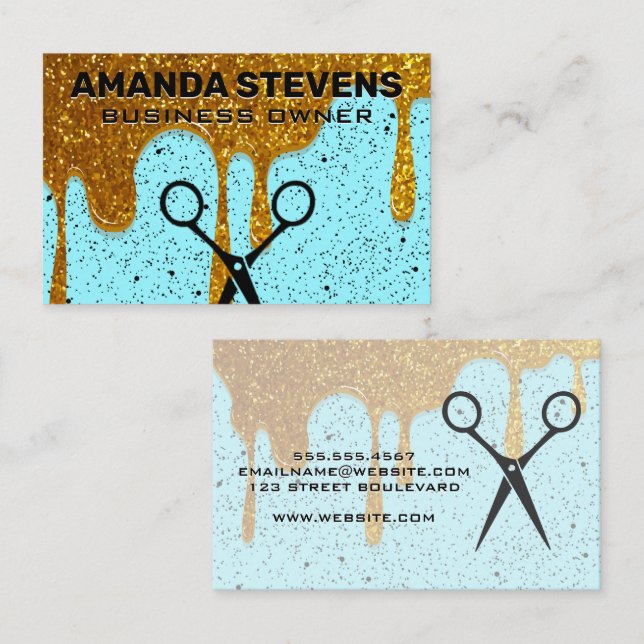 Guld Glitter Dropp | Spräcklig Bakgrund Visitkort (Fram/baksida)
