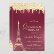 Guld Glitter droppar Eiffel Torn Red Quinceanera
