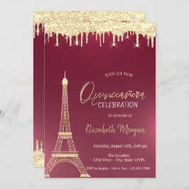 Guld Glitter droppar Eiffel Torn Red Quinceanera Inbjudningar
