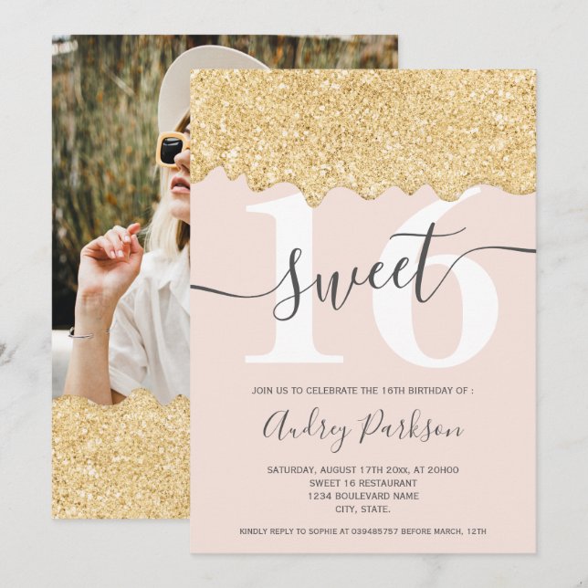 Guld glitter droppar fotopastel rosa chic Sweet 16 Inbjudningar (Fram/baksida)
