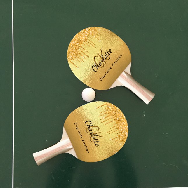 Guld glitter droppar monogram namn elegant pingisracket (Skapare uppladdad)