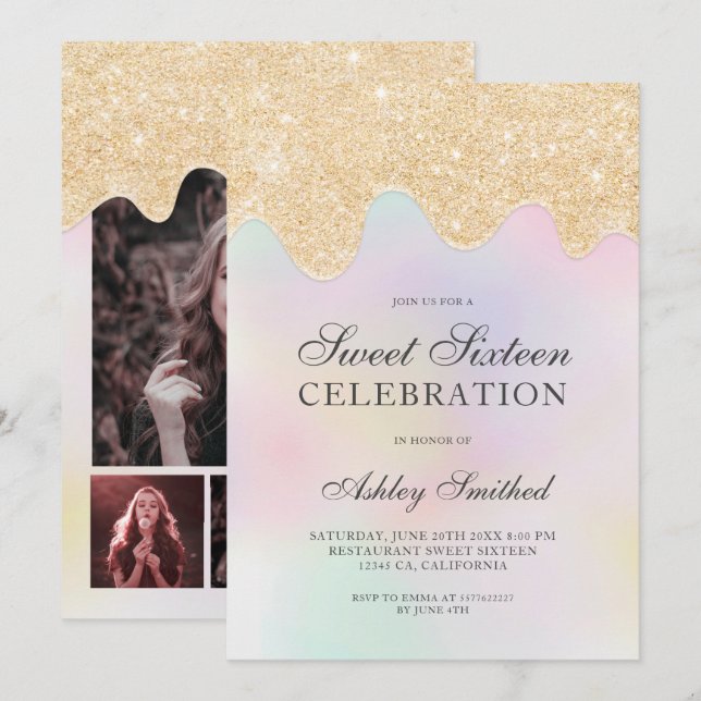Guld glitter droppar pärlfotot sweet sixteen inbjudningar (Fram/baksida)