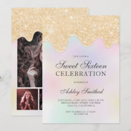 Guld glitter droppar pärlfotot sweet sixteen inbjudningar