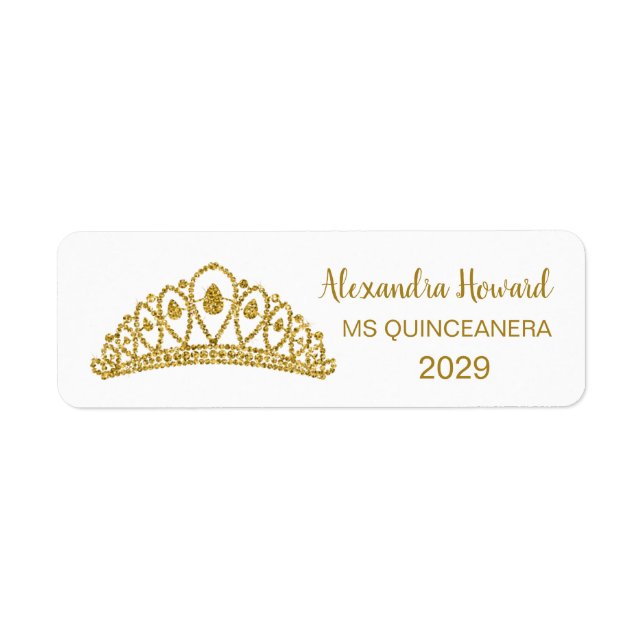 Guld glitter, effekt Tiara Quiinceanera Returadress Etikett (Framsidan)
