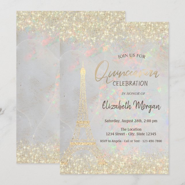 Guld Glitter Eiffel Confetti Opal Quinceañera Inbjudningar (Fram/baksida)
