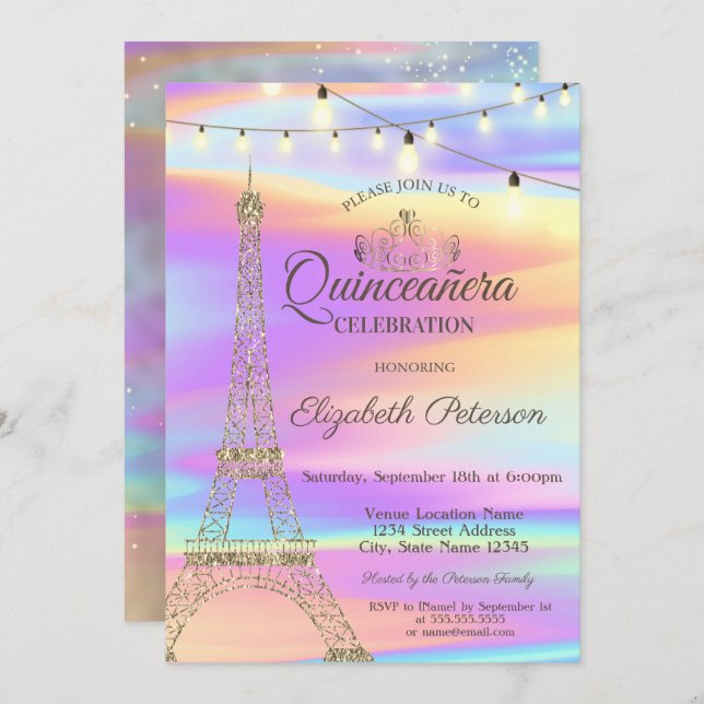 Guld Glitter Eiffel Torn Holografiska Quinceañera Inbjudningar (Fram/baksida)